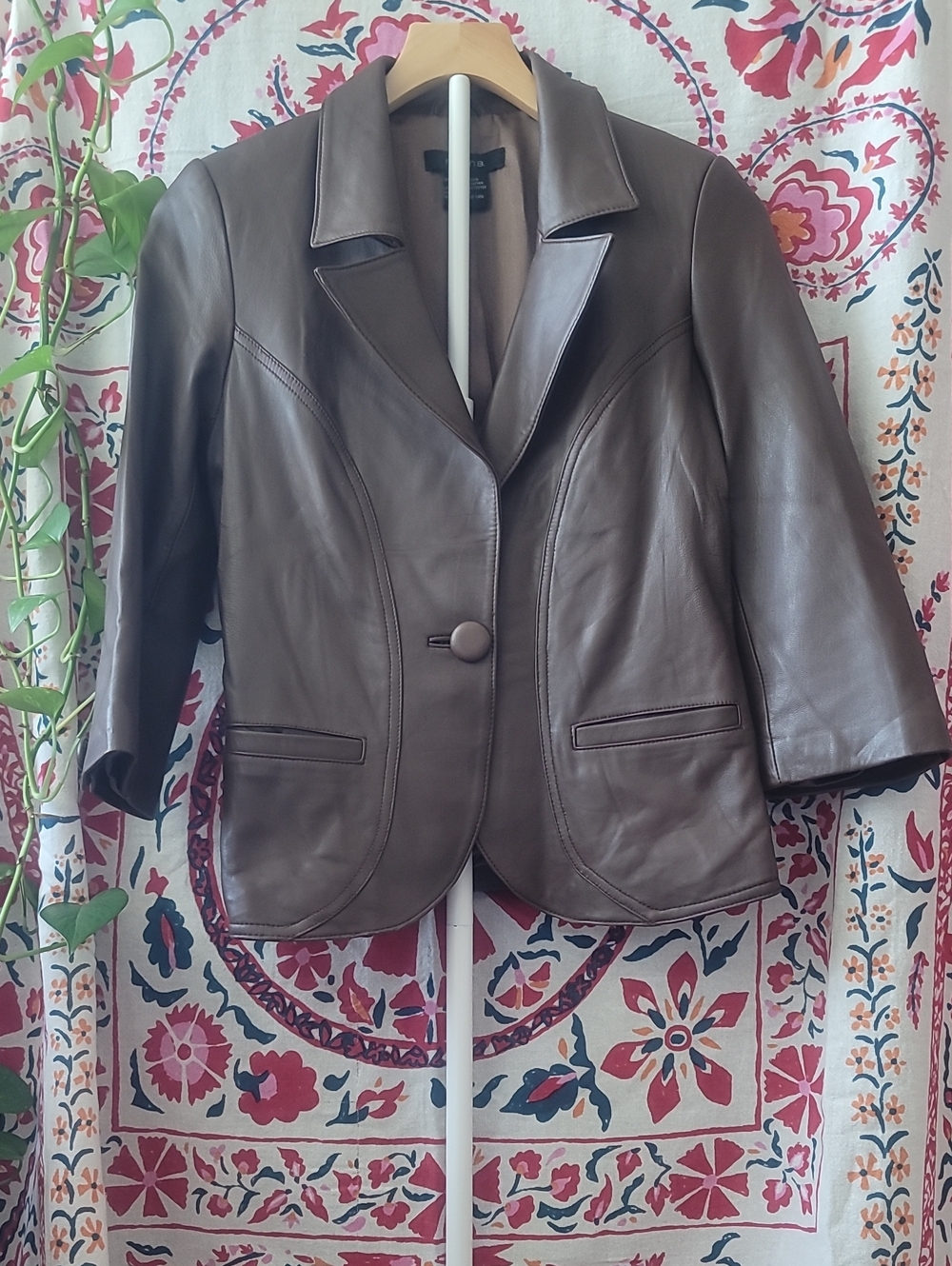 Arden B Unique Brown Leather Single Button Blazer with Three Quarter Sleeves